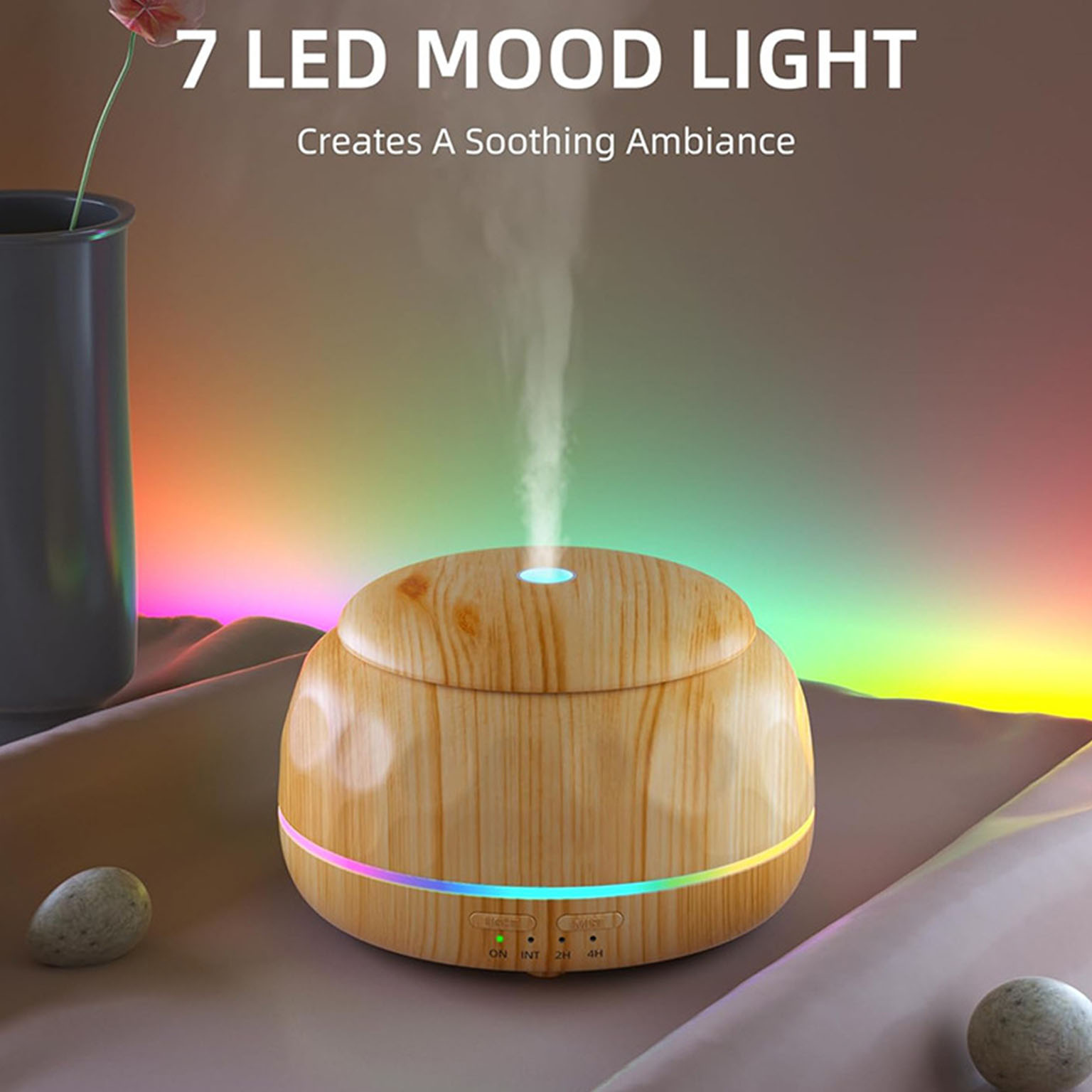 Essential Oils - เครื่องกระจายกลิ่นน้ำมันหอมระเหย เครื่องเพิ่มความชื้นในอากาศ สำหรับห้องพัก พร้อมรีโมทตั้งเวลา ระบบอัลตราโซนิก ไฟ